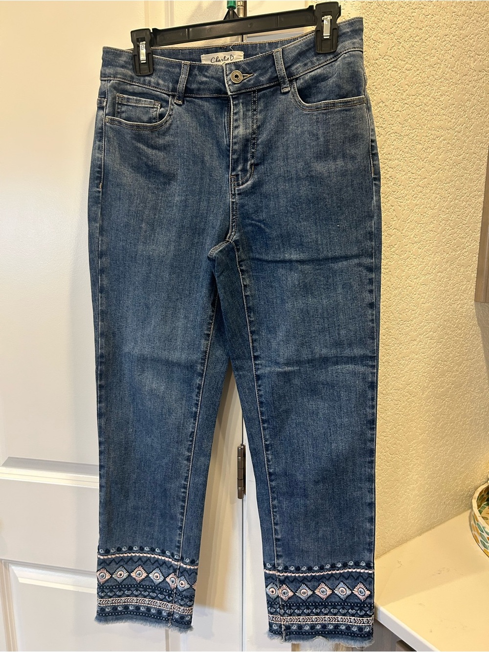 Charlie Blue Slim Straight Jeans with Embroidered Hem